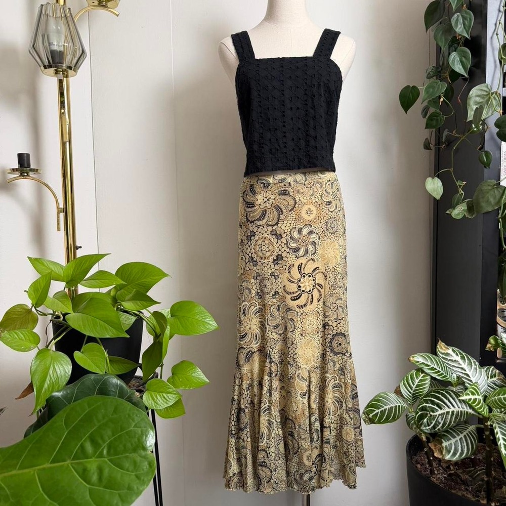 Vintage Emma James 90s Paisley Mesh Maxi Skirt Tan Brown XL Boho Ruffle